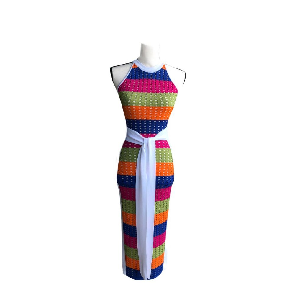 Beautiful Women's colorful stretch dress, with attached belt M - Picture 2 of 8